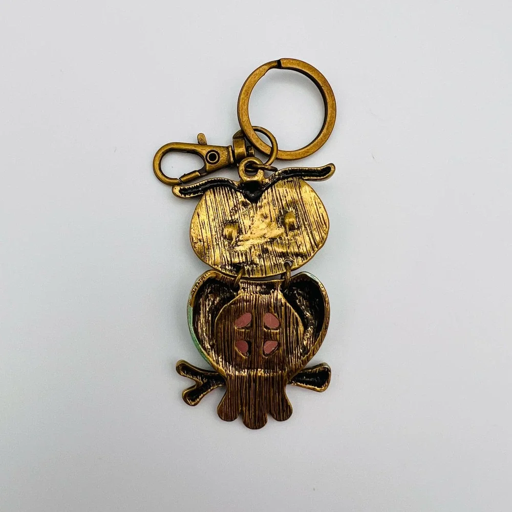 Owl Keychain Antiqued Gold Metal Boho 3” Repurposed Giftable Handmade